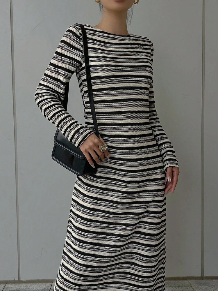 Striped Knit Dress, Waist Cinched, Slimming, New Design For Women Dress