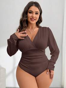 SHEIN Essnce Plus Size Women's Bodysuit,Brown,Autumn,Elegant,Night Out Club,Cute White Top,Valentine Day Outfits,Spring Vacation Clothes,Casual Tops - Brown - View 5