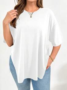 SHEIN Essnce Camiseta básica de manga corta con abertura en el bajo, estilo sencillo, para salir, aeropuerto, verano europeo, para mujeres de talla grande, de primavera y verano, moda casual, suelta y cómoda - Blanco - Ver 3