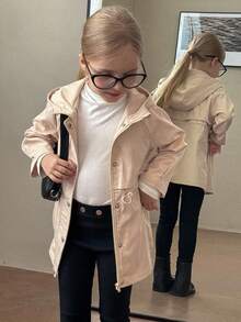 Young Girl Beige Solid Color Hooded Waist Drawstring Casual Windbreaker,Spring Autumn Trench Coat Jacket,Back-To-School,Career Day Kid Girl Jacket - Khaki - View 4
