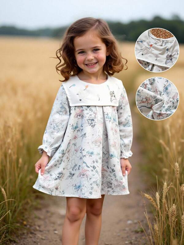 Vintaside Kids Baby Girls' Long Sleeve Dress, Comfortable For Spring/Autumn, Countryside Style, Fashion, Cute & Elegant, Suitable For Daily Wear