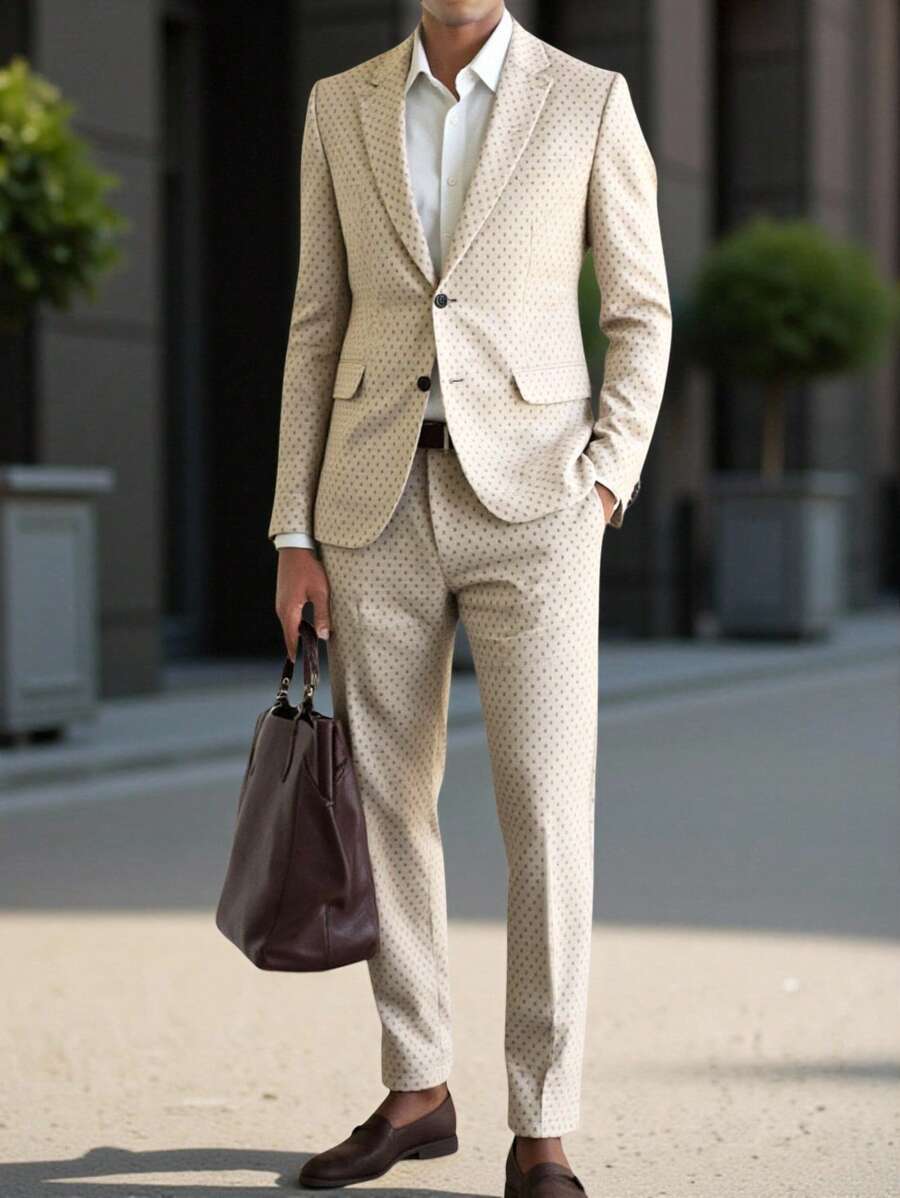 Calvornis Men's Casual Business All-Over Print Suit Jacket And Pants Set, Lapel Collar - Khaki - View 1