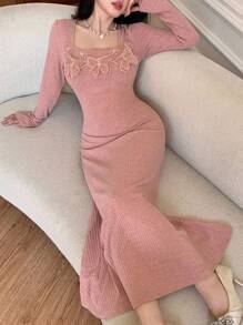 Modelyn Elegant Solid Color Butterfly Decor Fishtail Dress Fall Cloth For Women - Dusty Pink - View 2