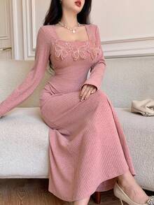 Modelyn Elegant Solid Color Butterfly Decor Fishtail Dress Fall Cloth For Women - Dusty Pink - View 4