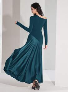 Heiryn 女士纯色斜肩长袖鱼尾下摆优雅连衣裙 - 藍色 - 查看 2