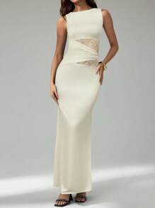 SHEIN Tall Váy dài ren đen thanh lịch cho nữ, Váy thanh lịch cho nữ, Trang phục dự tiệc cho nữ, Váy năm mới cho nữ, Váy đen cho nữ, Trang phục năm mới cho nữ, Váy dự tiệc năm mới - Màu be - Xem 6