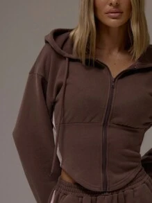 MUSERA Balloon Sleeve Contrast Pipping Cinched Waist Hooded Sweatshirt Casual, Airport, Loungewear, Back To School, Fall  Lounge Winter Spring Summer Vacation - Brown - View 2