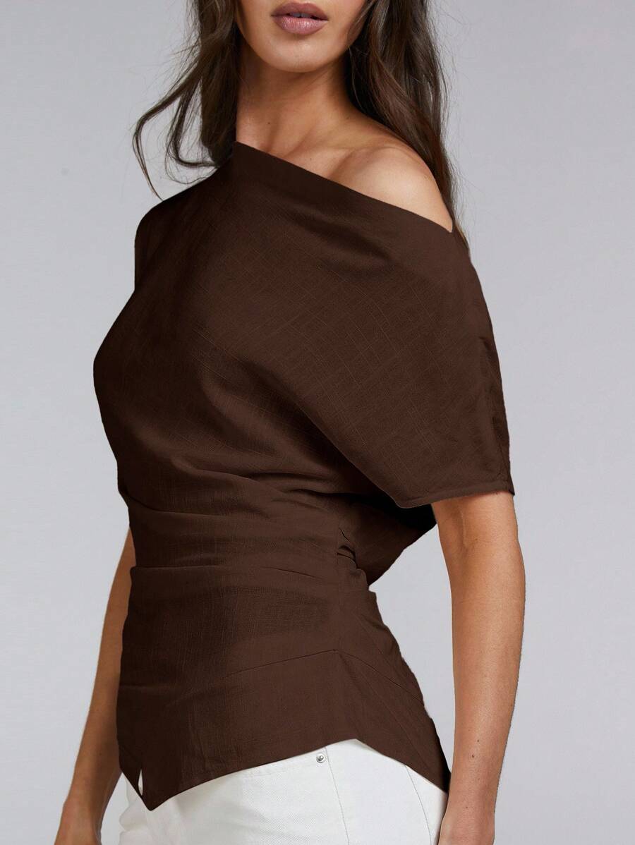 Athîral Women's Solid Color Ruched Batwing Short Sleeve Fashionable Blouse,Off The Shoulder Top - Coffee Brown - View 1