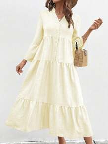 SHEIN LUNE Women's Notched Neck Single-Breasted Long Sleeve Casual Dress Maxi Women Outfit Fall Cloth For Women - Butter Yellow - View 5