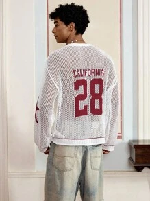 SWAVVY Men's Casual Knitted Numeric Print Long Sleeve Crew Neck Sweater - White - View 1