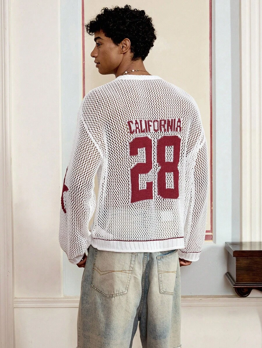SWAVVY Men's Casual Knitted Numeric Print Long Sleeve Crew Neck Sweater - White - View 1