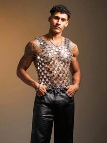 FeverCity Men's Sequin Patchwork Sexy Tank Top, 2000s Style - Silver - View 7