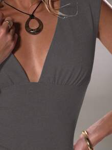 Flirla Women's Deep V-Neck Tight Casual Versatile Top, Spring/Summer - Grey - View 4