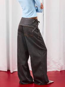 COUREZ Jeans boyfriend avec nœud papillon à la taille / Jeans taille basse Y2K pour femmes, vêtements d'automne, tenues de sortie, jeans taille basse