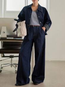 Dazy-Less 女士休闲商务牛仔套装，条纹袖口，拼色，宽松版型，长袖，适合秋冬季，秋季女装 - 深色水洗藍 - 查看 2