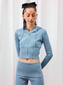 COUREZ 短款针织连帽开衫 / Y2K 可爱上衣 外出性感休闲健身 - 霧霾藍 - 查看 5