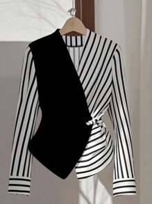 GlowEve Casual Commute Contrast Color Block Striped Wrap Shirt Fall Cloth For Women - Black - View 1