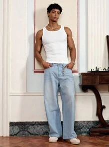 SWAVVY 男士梭织休闲宽松裤，时尚日常穿着 - 藍色 - 查看 4