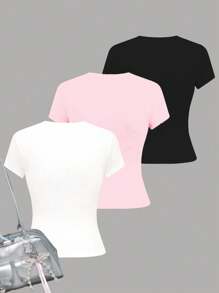 Bộ 3 áo thun ngắn tay cổ tròn cạp cao dáng rộng đơn giản dành cho bé gái tuổi teen, phù hợp cho mùa hè - Nhiều màu - Xem 2