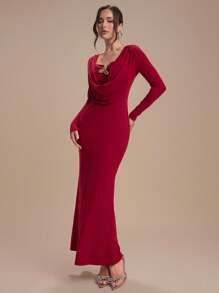 Modelyn Women's Solid Color Draped Neck Long Sleeve Fitted Elegant Dress