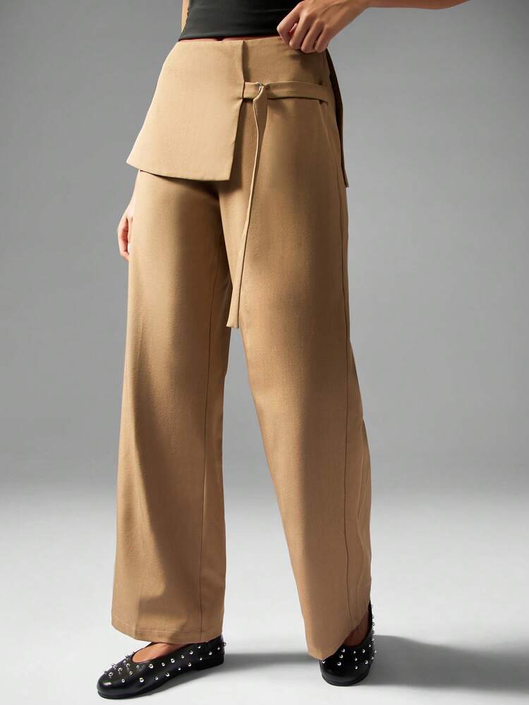 MISSGUIDED 오버레이 패널 디자인이 있는 하이웨스트 와이드 레그 팬츠, 비즈니스 캐주얼 오피스 웨어 트라우저, 가을 겨울 패션 팔라초 스타일