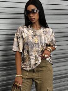 INAWLY Women Casual Distressed Branch Allover Print Short Sleeve T-Shirt - Multicolor - View 5