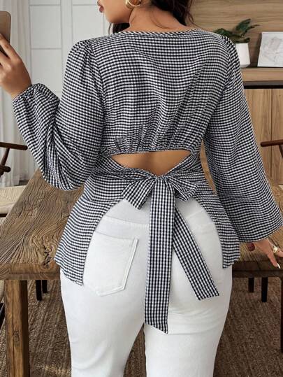 Breezaya Camisa de manga larga a cuadros de talla grande con lazo en la espalda y cordón