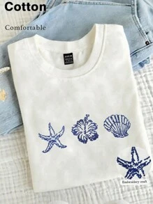 INAWLY Camiseta de cuello redondo con bordado de conchas, camiseta de mujer de cuello redondo con patrón de bordado de elementos oceánicos de color contrastante - Blanco - Ver 3