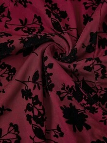 SHEIN Clasi Crew Neck Waist Cinched Flocked Dress, Halloween Dress - Red and Black - View 5