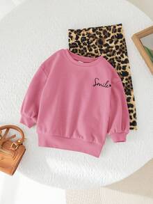 SHEIN Babygirl 秋冬可爱百搭时尚粉色长袖连帽衫和豹纹裤套装 - 彩色 - 查看 7