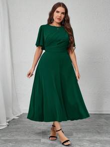 Modelyn Plus Size Women's Solid Color Round Neck Ruffle Short Sleeve Pleated Elegant Dress,Fall Clothes For Women - Dark Green - View 3