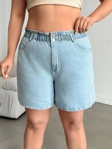 SHEIN Cottnline شورت جينز صيفي بمقاس كبير مع خصر كيس ورقي وجيوب مائلة - أزرق فاتح - مشاهدة 3