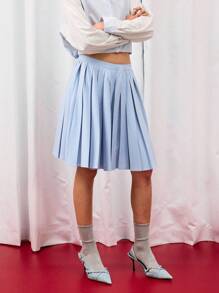 COUREZ 中长款百褶裙，侧开衩 / Y2K 度假风秋季女装，秋季外出穿搭，可爱性感，返校季必备 - 藍色 - 查看 4