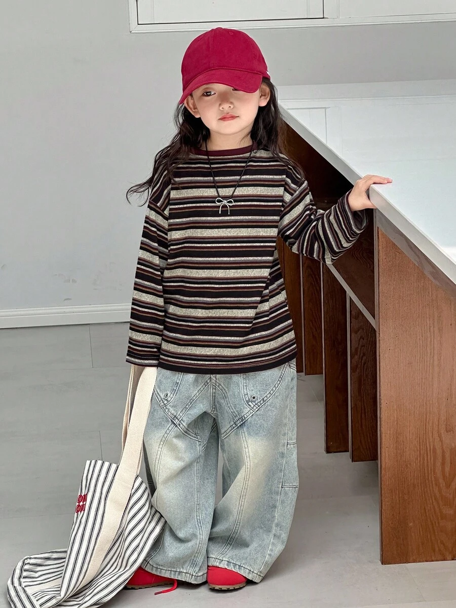 DAZY Young Girls Round Neck Casual Long Sleeve T-Shirt, Brown Stripes, Korean Style, Spring/Autumn - Coffee Brown - View 1