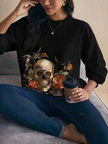 Shutterstock Glamance 女士休闲时尚印花宽松圆领长袖卫衣，骷髅头图案，万圣节主题，哥特风，基础款上衣 - 白色 - 查看 5