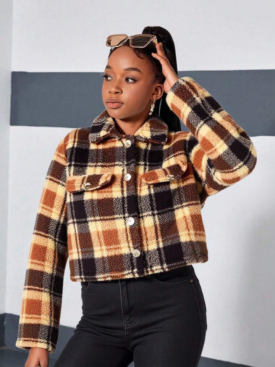 SHEIN Teen Girl Plaid Reversible Fleece Pocket Collar Short Jacket,In Fall/Winter - Brown - View 1