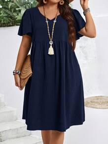 EMERY ROSE 加大码夏季度假简约纯色V领荷叶边袖连衣裙，女士夏装