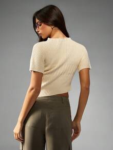 MISSGUIDED Ribbed Knit Mock Neck Crop Top Autumn Winter Short Sleeve Fitted Basic Sweater Casual Versatile Modern Minimalist Office Weekend Wear - Apricot - View 2