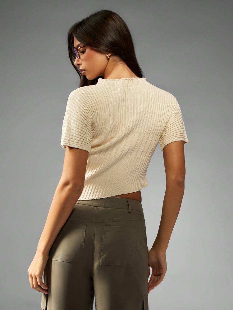 MISSGUIDED Top corto de cuello alto acanalado de punto, de manga corta, ajustado, básico, de otoño e invierno, versátil, moderno, minimalista, para oficina y fin de semana