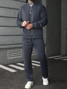 Manfinity CasualCool Men's Casual Solid Color Jacket And Pants Set Men Joggers Suit Men 2 Pieces Leisure Suits Men 2 Pieces Set Men Suit Set Grey Men Casual Suit , Fall Clothes - Dark Grey - View 6