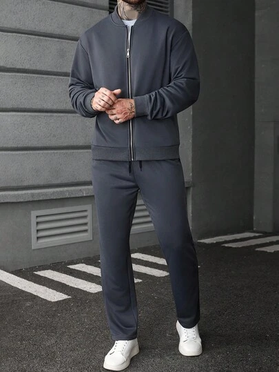 Manfinity CasualCool 男士休闲纯色夹克和裤子套装男士慢跑西装男士两件套休闲西装男士两件套男士西装套装灰色男士休闲西装，秋季衣服