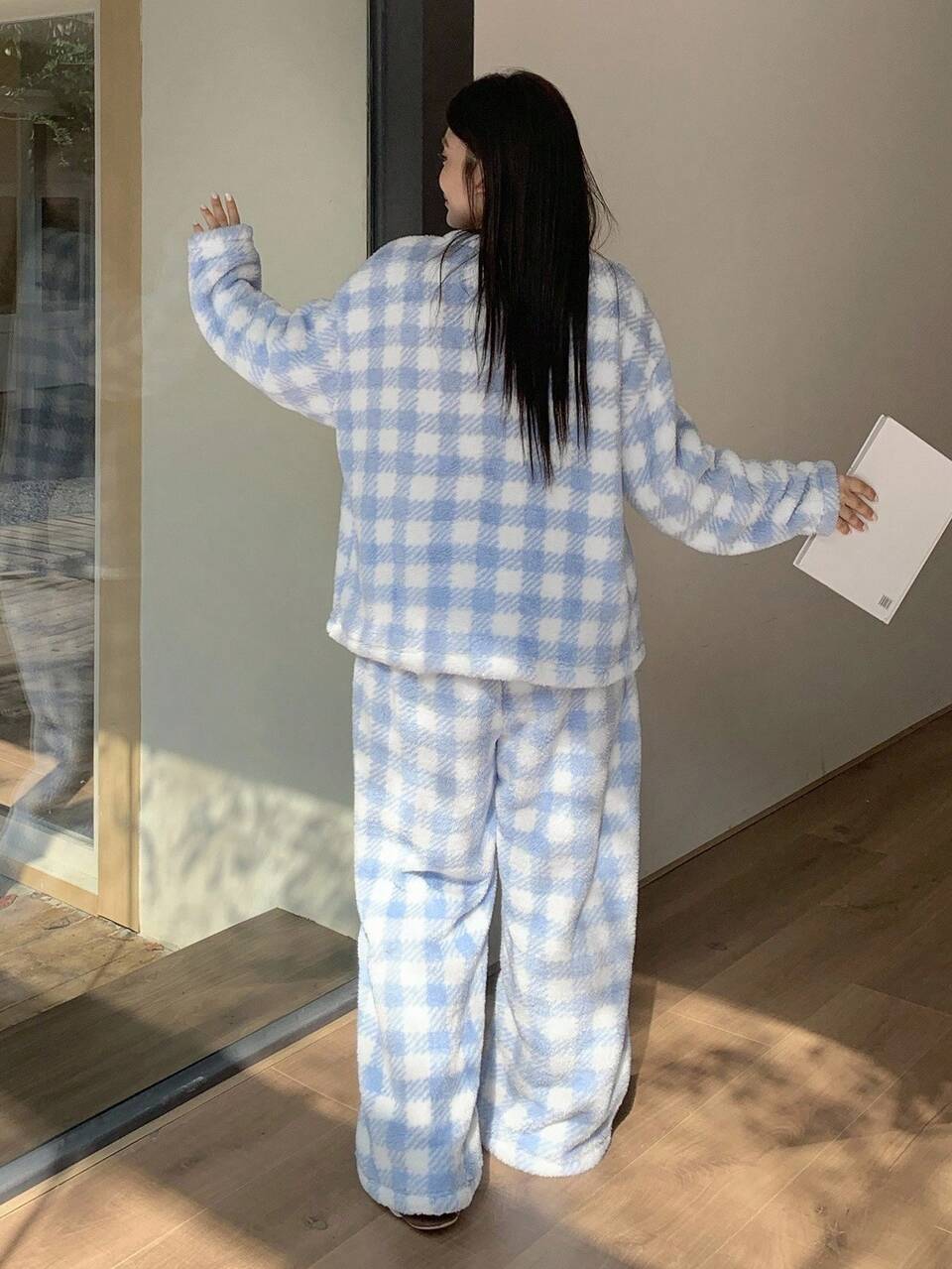 Dazy Plus Thermal-Lined V-Neck Plaid Loose Autumn/Winter Top & Pants Fluffy Pajama Set, Plus Size Women, Fall Clothes, Cozy Outfits