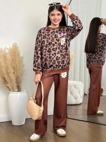 SHEIN Bộ quần áo nỉ cổ tròn thoải mái, tối giản, rộng rãi cho bé gái tuổi mới lớn - Màu Khaki - Xem 3