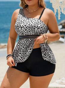 Swim Lushoire Plus Size Women 2pcs Leopard Print Swimsuit Set, Thick Strap Waist Ruffle Trim Tankini Swimwear For Summer Beach Vacation