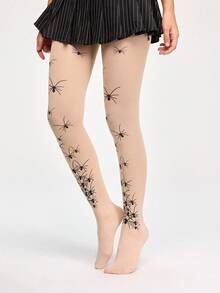 ROMWE Grunge Punk 1 Pair Gothic Style Spider Web Tights, Suitable For Pairing With Dresses - Khaki - View 3