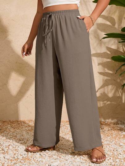 EURMUSE Plus Size Women's Solid Color Waist Tie Pocket Wide Leg Loose Casual Pants