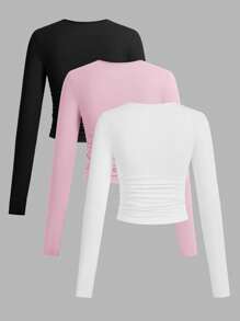 SHEIN EZwear 3 件套女士休闲纯色圆领褶皱长袖 T 恤，黑色、白色、粉色，秋冬 - 彩色 - 查看 2