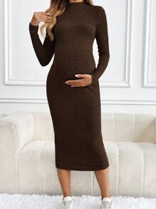 SHEIN Maternity Casual Solid Color Stand Collar Fitted Dress, Autumn/Winter Brown Long Sleeve For Winter Ribbed Cotton - Coffee Brown - View 3