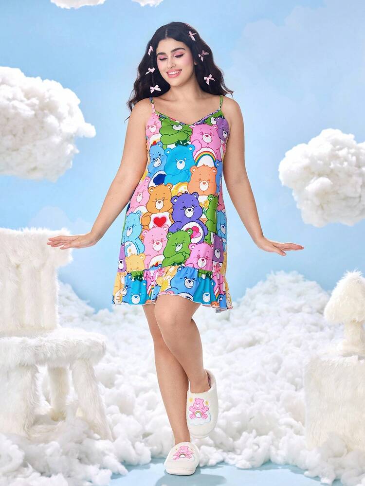 SHEIN X Care Bears 加大码卡通熊图案荷叶边下摆吊带睡衣 - 彩色 - 查看 3