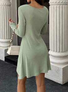 SHEIN LUNE 女式休闲纯色长袖迷你连衣裙 - 綠色 - 查看 2